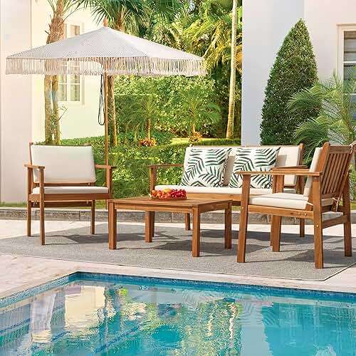 Flamaker Patio Furniture 4 Piece Outdoor Acacia Wood Patio Conversation Sofa Set with Table & Cushions Porch Furniture for Deck, Balcony, Backyard - Image 7