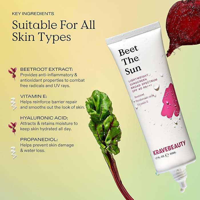 KraveBeauty Beet The Sun Lightweight Sunscreen SPF 40 PA+++, Broad Spectrum Facial Sunscreen with Beet Root Extract & Hyaluronic Acid, Non-Greasy Daily SPF Lotion for Face, Fragrance Free, 50 mL - Image 7