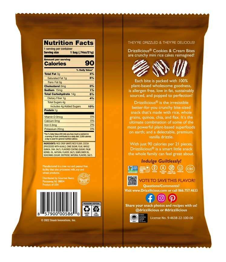 Drizzilicious Mini Rice Cakes Cookies & Cream - Rice Crisps, Healthy Snack for Adults and Kids, Flavored Rice Cakes, Vegan, Gluten Free, Allergen Free, Only 90 Calories Per Bag - 0.74 oz (Pack of 10) - Image 3