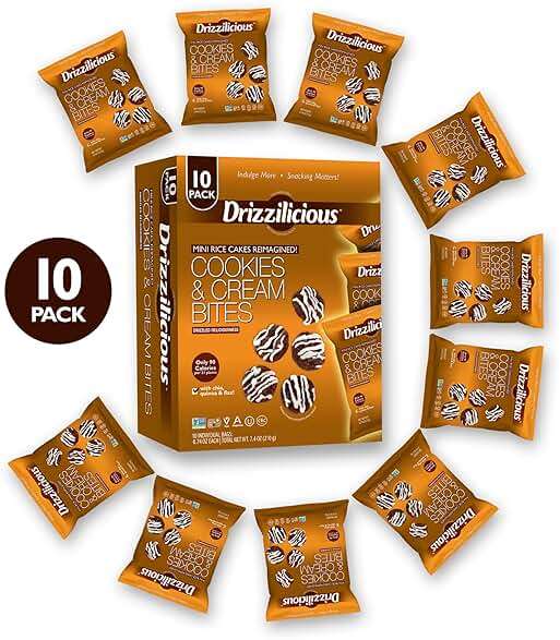 Drizzilicious Mini Flavored Rice Cakes Cookies & Cream - Rice Crisps, Healthy Snack for Adults and Kids, Vegan, Gluten Free Snack, Allergen Free, Only 90 Calories Per Bag - 0.74 oz (Pack of 10) - Image 4