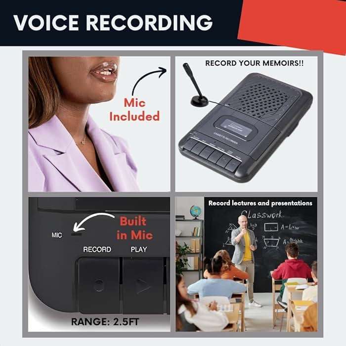 Deluxe Products Portable Cassette Player Tape Recorder. Record to Cassettes via Mic or Aux in. Built-in Speaker to Listen to Cassettes. Includes External Mic, Aux in Cable and AC Adapter - Image 3