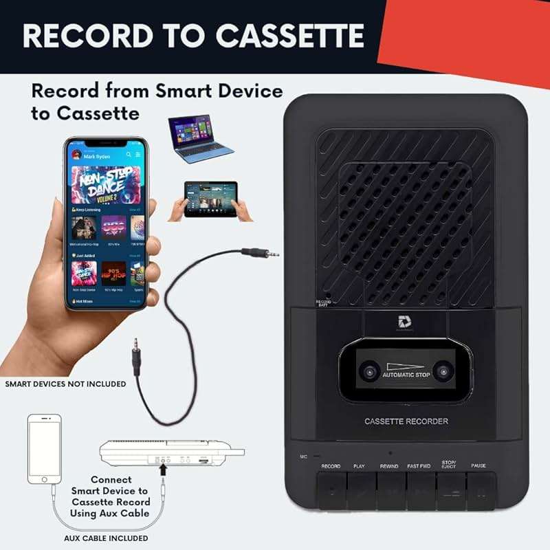 Deluxe Products Portable Cassette Player Tape Recorder. Record to Cassettes via Mic or Aux in. Built-in Speaker to Listen to Cassettes. Includes External Mic, Aux in Cable and AC Adapter - Image 4