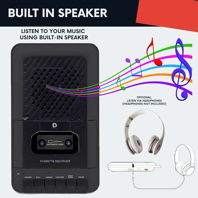 Deluxe Products Portable Cassette Player Tape Recorder. Record to Cassettes via Mic or Aux in. Built-in Speaker to Listen to Cassettes. Includes External Mic, Aux in Cable and AC Adapter - Image 5