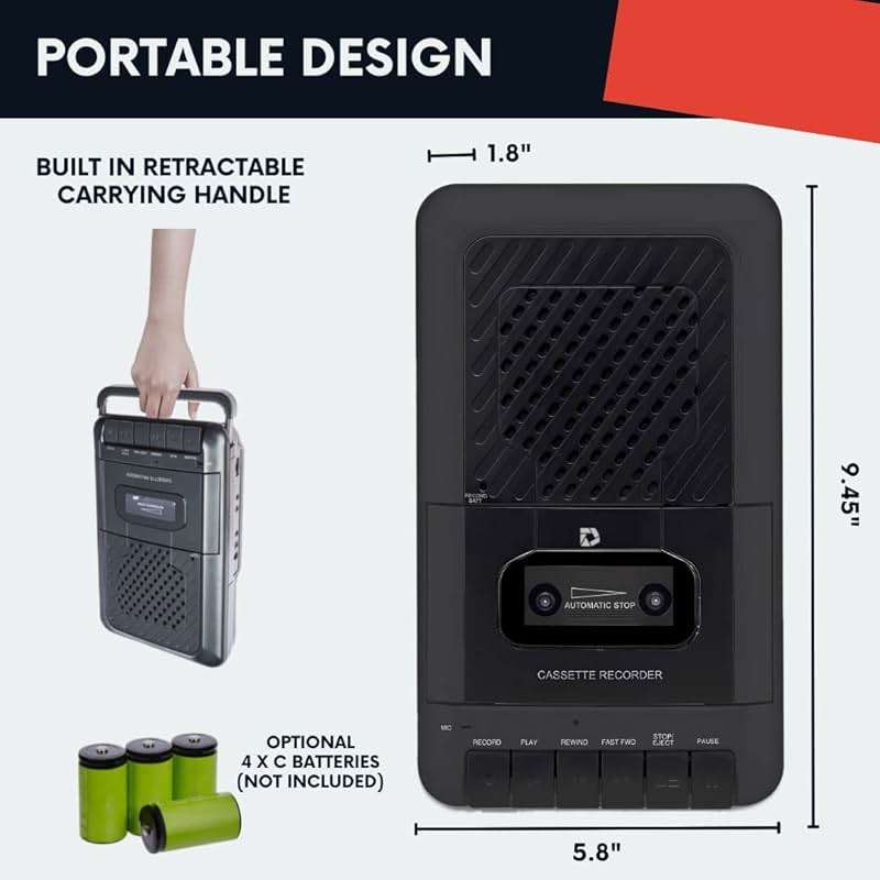Deluxe Products Portable Cassette Player Tape Recorder. Record to Cassettes via Mic or Aux in. Built-in Speaker to Listen to Cassettes. Includes External Mic, Aux in Cable and AC Adapter - Image 6