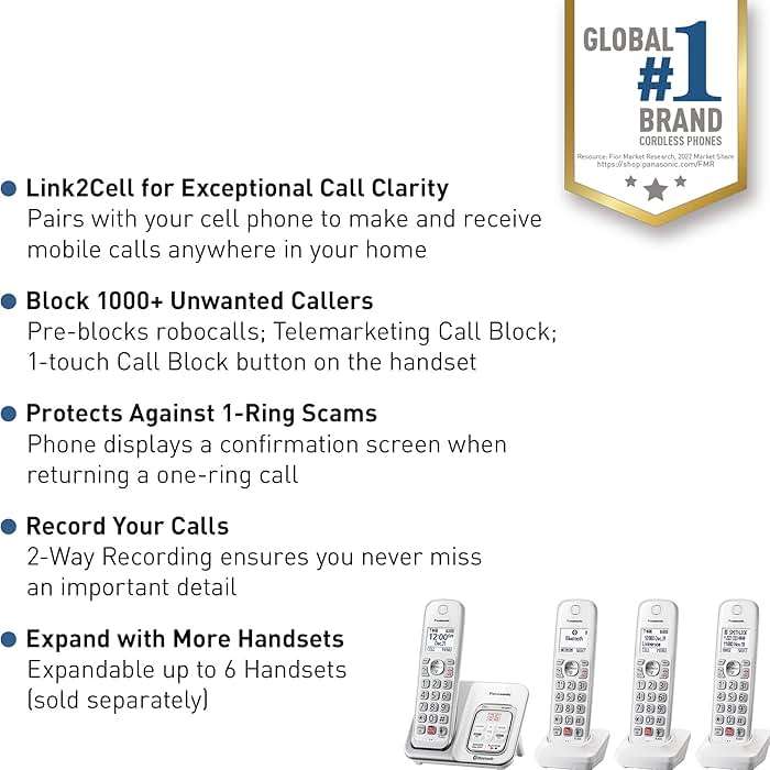 Panasonic Cordless Phone with Answering Machine, Link2Cell Bluetooth, Voice Assistant and Advanced Call Blocking, Expandable System with 4 Handsets - KX-TGD864W (White) - Image 3