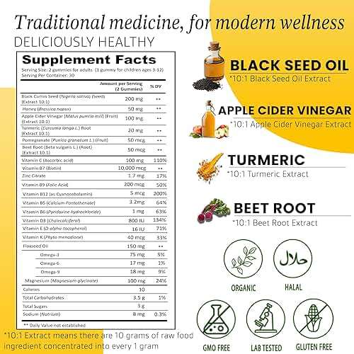 Siraj Organic Black Seed Oil Gummies w/Honey &15% Thymoquinone | Multivitamin for Immune Support, Stress Relief Gummy Vitamins | Turmeric, Apple Cider Vinegar, Multivitamin Gummies - Image 6