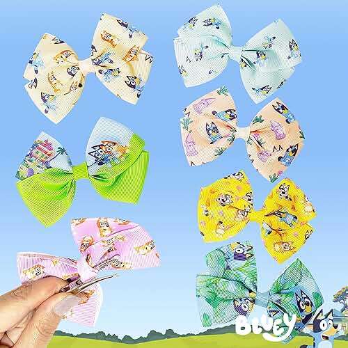 Bluey Kids Hair Bows - Hair Accessories Gift Set - Bluey Hair Bow - 7 Pcs 4 Inch Bow Bundle - HairBows for Girls - Different Bluey print on each clip - Alligator Clip - Ages 3 + - Image 6