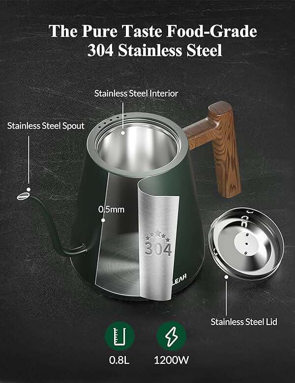 KLEAH Gooseneck Electric Kettle with Temperature Control - 0.8L Automatic Shut Off Tea & Coffee Kettle, Hot Water Boiler Pour Over Coffee Kettle, 1200W Quick Heating Keep Warm, Green - Image 4
