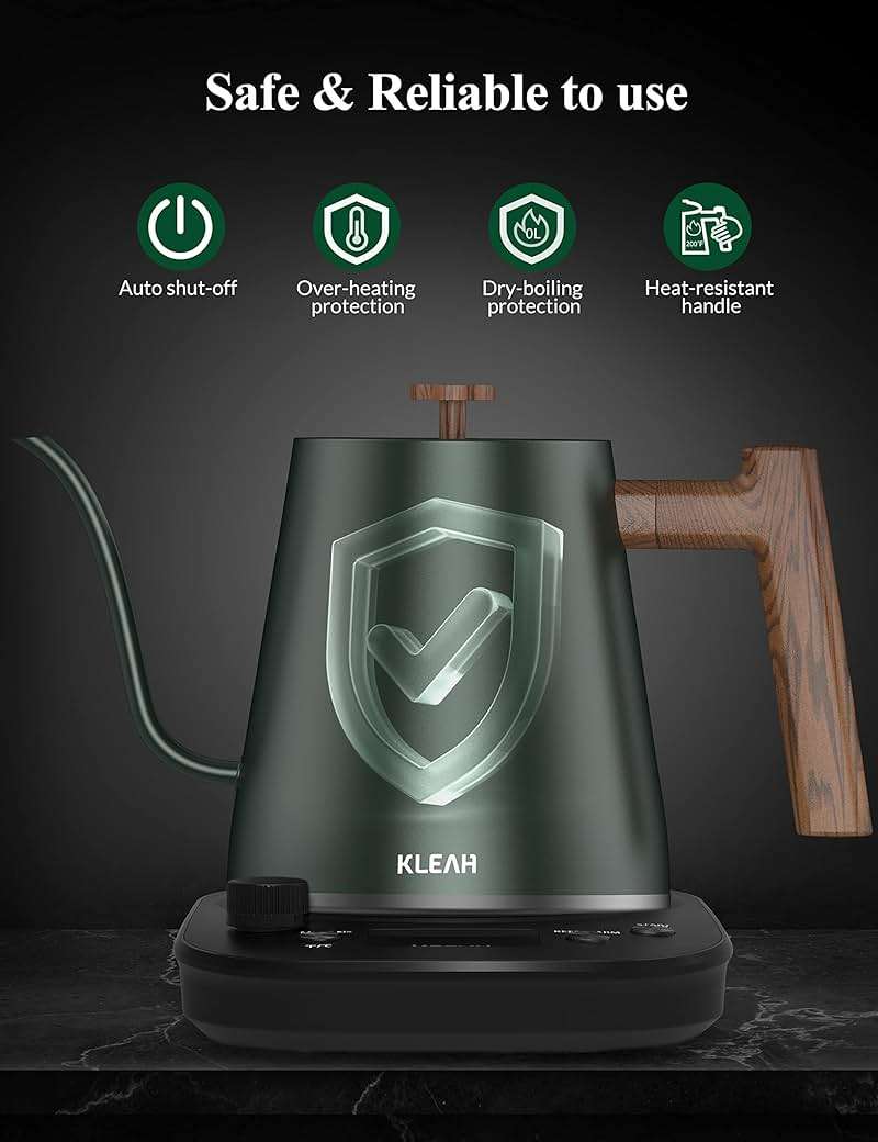 KLEAH Gooseneck Electric Kettle with Temperature Control - 0.8L Automatic Shut Off Tea & Coffee Kettle, Hot Water Boiler Pour Over Coffee Kettle, 1200W Quick Heating Keep Warm, Green - Image 5