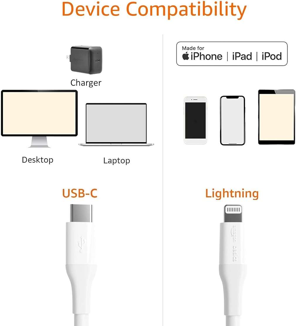 Amazon Basics MFi Certified USB-C to Lightning Fast Charging Cable, Power Delivery, Nylon Braided, 10 ft, White - Image 2