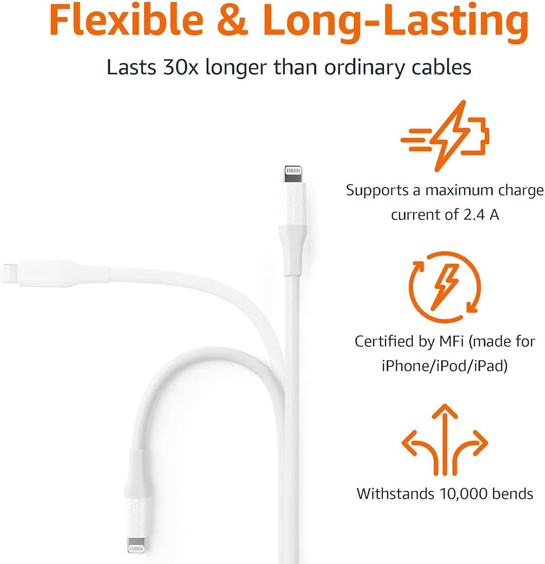 Amazon Basics MFi Certified USB-C to Lightning Fast Charging Cable, Power Delivery, Nylon Braided, 10 ft, White - Image 3