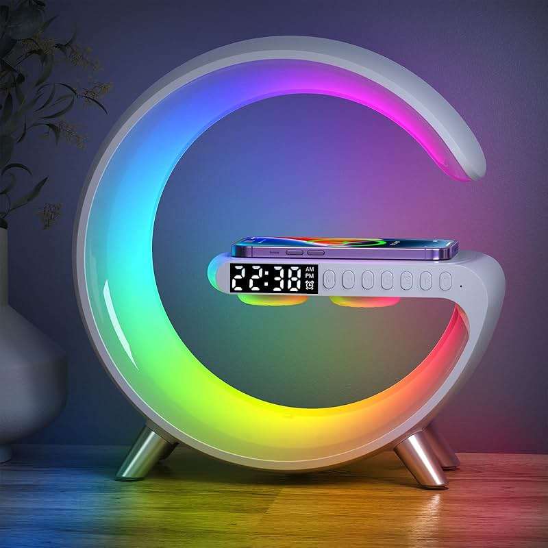 BKDRL Bluetooth Speaker Lamp with Wireless Charger, RGB Night Light, Alarm Clock, App Control - White - Image 1