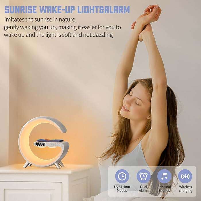 BKDRL Bluetooth Speaker Lamp with Wireless Charger, RGB Night Light, Alarm Clock, App Control - White - Image 3