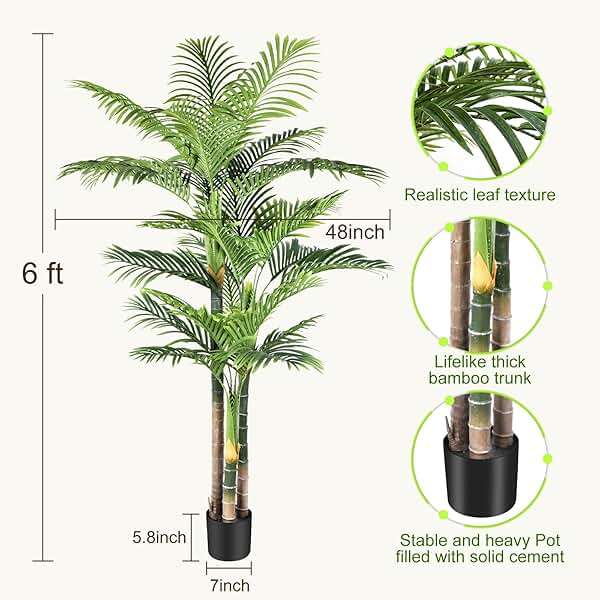 Keeplush 6ft Tall Triple Golden Cane Palm Artificial Tree Large Tropical Palm Tree UV Resistant Fake Plant in Pot for Indoor Outdoor Big House Living Room Outside Patio Office Home Decor 1Pack - Image 2