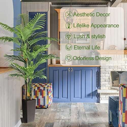 Keeplush 6ft Tall Triple Golden Cane Palm Artificial Tree Large Tropical Palm Tree UV Resistant Fake Plant in Pot for Indoor Outdoor Big House Living Room Outside Patio Office Home Decor 1Pack - Image 3