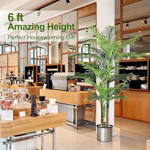Keeplush 6ft Tall Triple Golden Cane Palm Artificial Tree Large Tropical Palm Tree UV Resistant Fake Plant in Pot for Indoor Outdoor Big House Living Room Outside Patio Office Home Decor 1Pack - Image 4