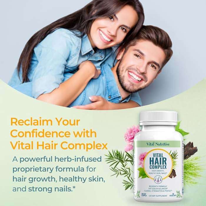 VITAL NUTRITIVE Vital Hair Complex – Biotin & Vitamin B Hair Vitamins for Women & Men – Supports Healthy Hair, Skin & Nails – Hormone-Free, Gluten-Free – Hair Supplement for Women & Men - Image 2