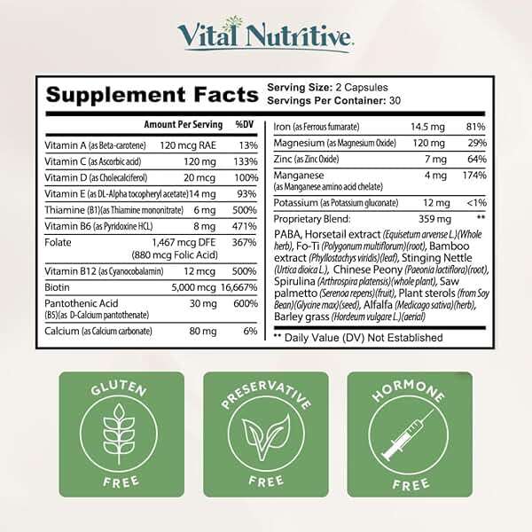 VITAL NUTRITIVE Vital Hair Complex – Biotin & Vitamin B Hair Vitamins for Women & Men – Supports Healthy Hair, Skin & Nails – Hormone-Free, Gluten-Free – Hair Supplement for Women & Men - Image 8