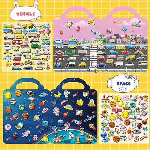 Kalysky 6Set Puffy Sticker Books for Kids 2-4, 3D Reusable Stickers Books for Toddlers 1-3 2-4,Farm+Animal+Dinosaurs+Ocean World+Space+Vehicle - Image 6