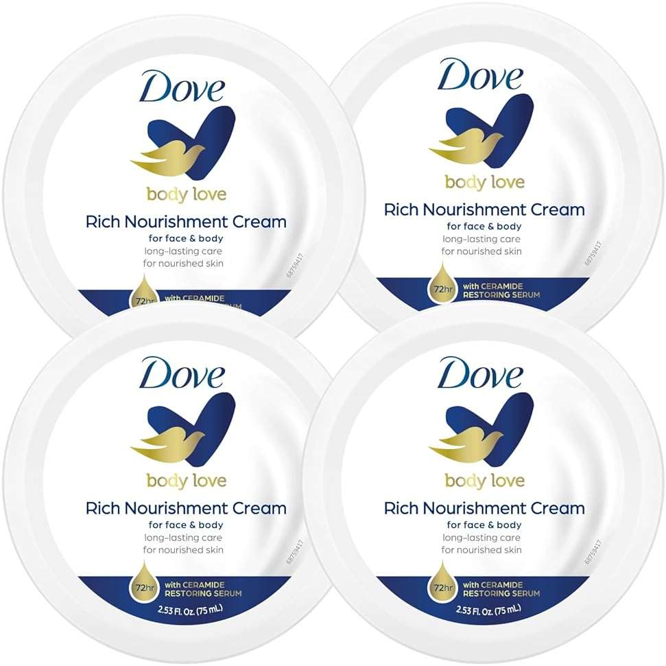 Dove Nourishing Body Care, Face, Hand, and Body Rich Nourishment Cream for Extra Dry Skin with 48-Hour Moisturization, 4-Pack, 2.53 Oz Each Jar - Image 1