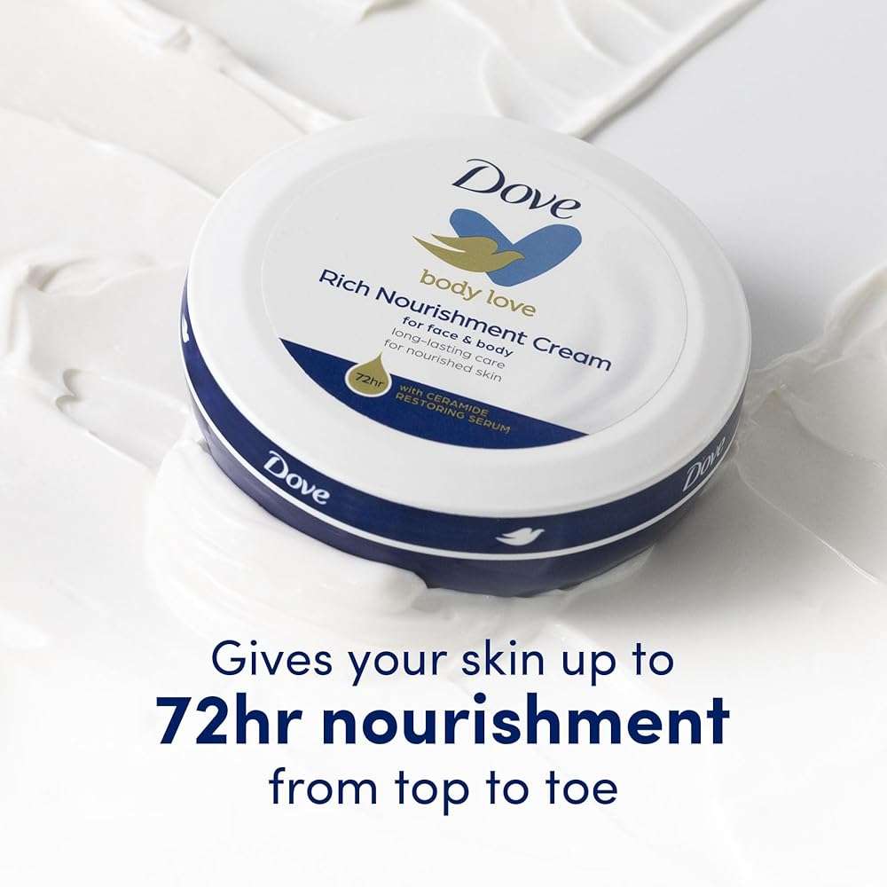 Dove Nourishing Body Care, Face, Hand, and Body Rich Nourishment Cream for Extra Dry Skin with 48-Hour Moisturization, 4-Pack, 2.53 Oz Each Jar - Image 4