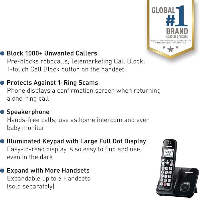 Panasonic Cordless Phone with Advanced Call Block, Bilingual Caller ID, Easy to Read Large High-Contrast Display, Expandable System with 1 Handset, KX-TGD810B (Black) - Image 4
