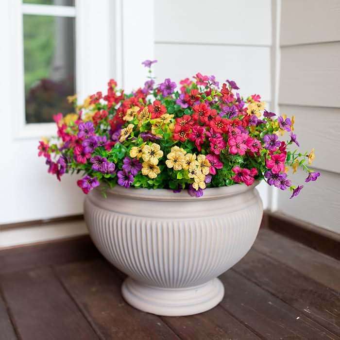 HyeFlora Artificial Flowers for Outdoor Indoor Garden Home Decoration, Faux Flower Daisy with Eucalyptus Leaves Fake Plants Greenery Boxwood Porch Patio, 12 Bundles (Mix Pink Red Purple Yellow) - Image 5