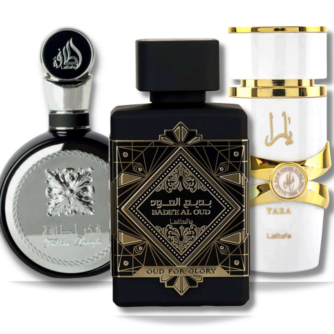 Lattafa Perfumes for Unisex 3 Piece Eau de Parfum Gift Set (Bade'e Al Oud Oud For Glory + Fakhar for Men + Yara Moi) 3.4 Ounce/100 ml each - Image 1