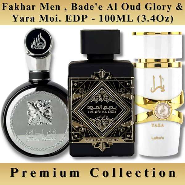 Lattafa Perfumes for Unisex 3 Piece Eau de Parfum Gift Set (Bade'e Al Oud Oud For Glory + Fakhar for Men + Yara Moi) 3.4 Ounce/100 ml each - Image 2