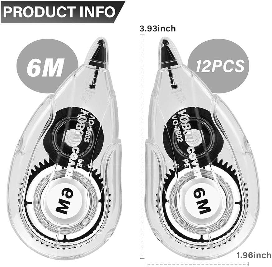 Vobou Correction Tape Dispenser, Easy To Use Applicator for Instant Corrections, For school, Office (White, 12pack, 6M/256, Tape Width 0.2in) - Image 3