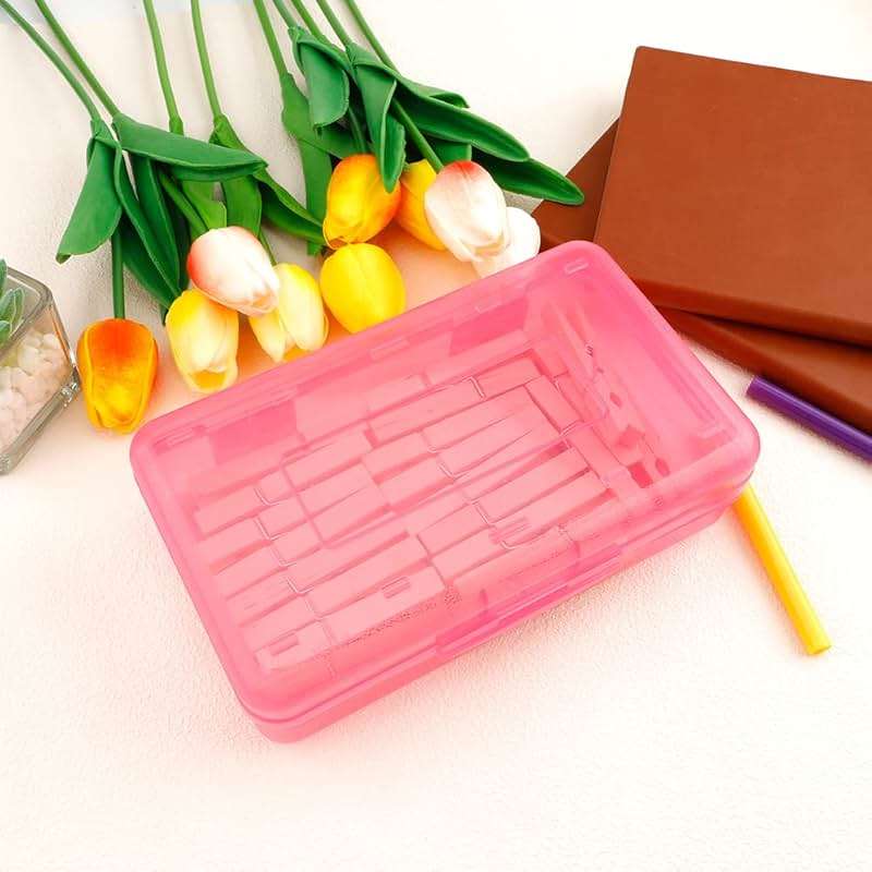 Pencil Box, Large Capacity Clear Pencil Case, 1 Pack Hard Pencil Case, Clear Crayon Box with Snap-tight Lid Stackable Design, Plastic Storage Box for Office Supplies, Pink - Image 2