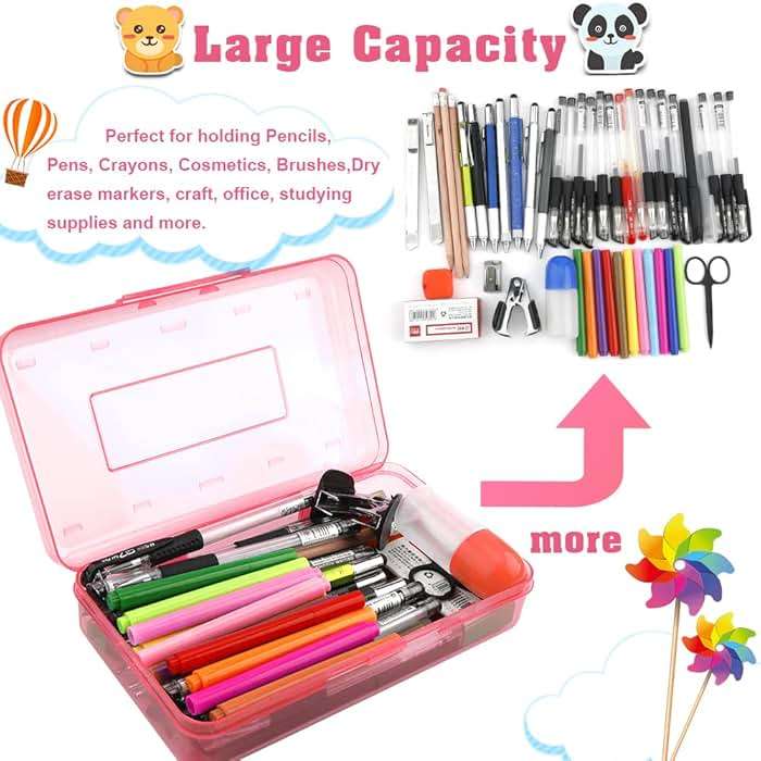 Pencil Box, Large Capacity Clear Pencil Case, 1 Pack Hard Pencil Case, Clear Crayon Box with Snap-tight Lid Stackable Design, Plastic Storage Box for Office Supplies, Pink - Image 4