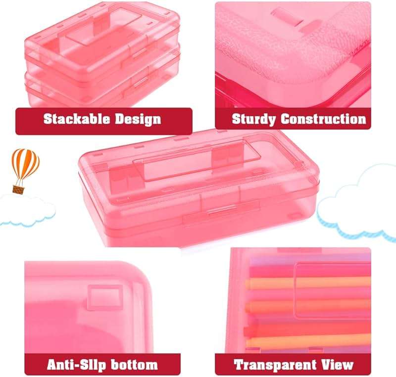Pencil Box, Large Capacity Clear Pencil Case, 1 Pack Hard Pencil Case, Clear Crayon Box with Snap-tight Lid Stackable Design, Plastic Storage Box for Office Supplies, Pink - Image 5