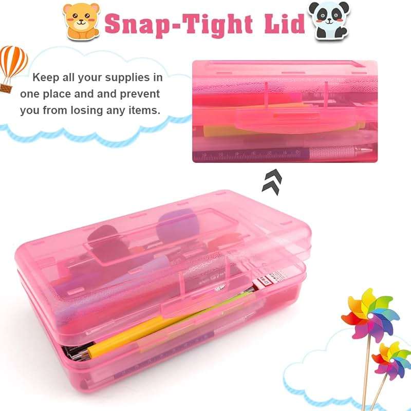 Pencil Box, Large Capacity Clear Pencil Case, 1 Pack Hard Pencil Case, Clear Crayon Box with Snap-tight Lid Stackable Design, Plastic Storage Box for Office Supplies, Pink - Image 6