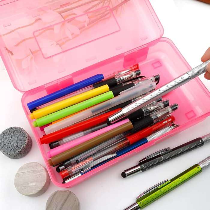Pencil Box, Large Capacity Clear Pencil Case, 1 Pack Hard Pencil Case, Clear Crayon Box with Snap-tight Lid Stackable Design, Plastic Storage Box for Office Supplies, Pink - Image 7