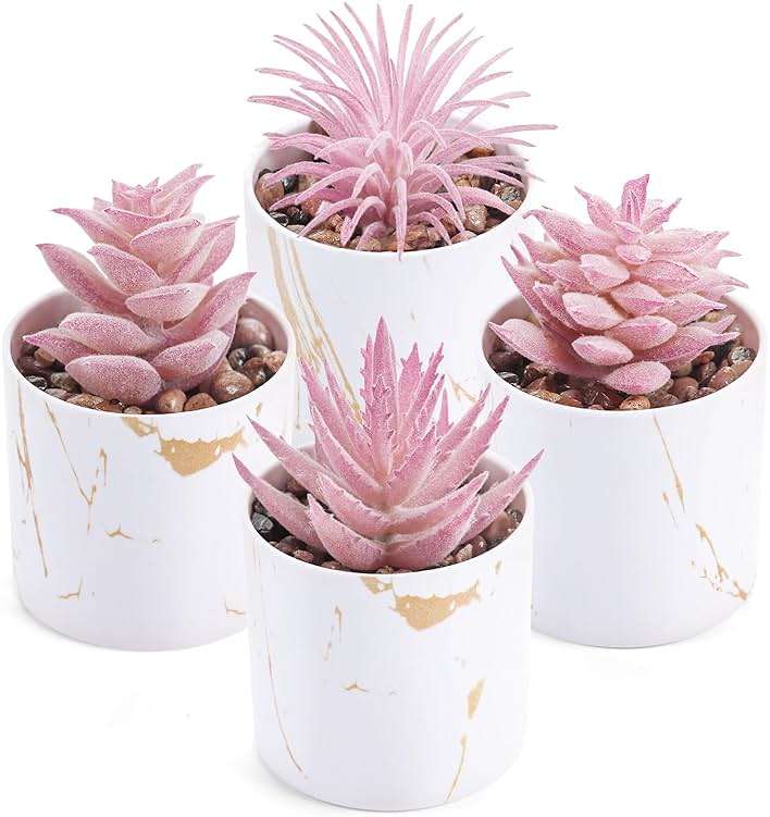 Der Rose 4 Packs Fake Succulents Plants Artificial Indoor for Pink Room Bathroom Decor Office Desk Accessories for Women - Image 1