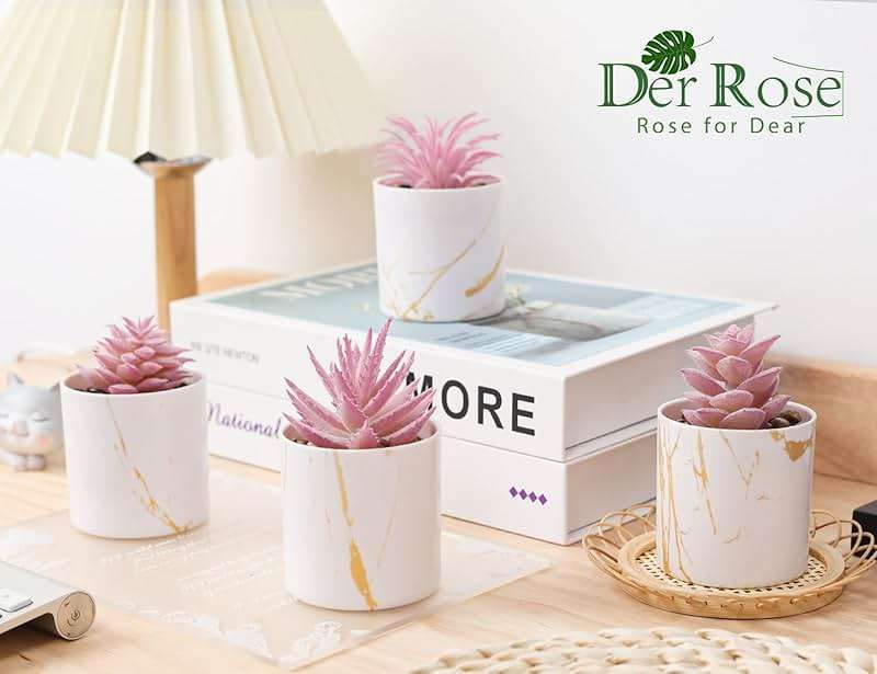 Der Rose 4 Packs Fake Succulents Plants Artificial Indoor for Pink Room Bathroom Decor Office Desk Accessories for Women - Image 2