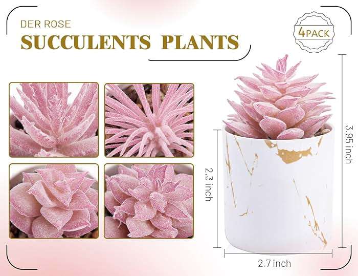 Der Rose 4 Packs Fake Succulents Plants Artificial Indoor for Pink Room Bathroom Decor Office Desk Accessories for Women - Image 3