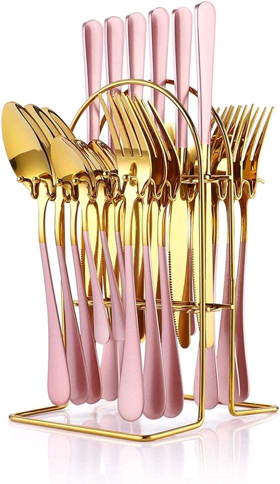 24 Pieces Flatware Set, Caliamary Stainless Steel Flatware Set with Silverware Holder Spoons Forks Knives,Utensils Set Service for 6,Gold Mirror Polished and Matte Pink Painted (Pink)… - Image 1