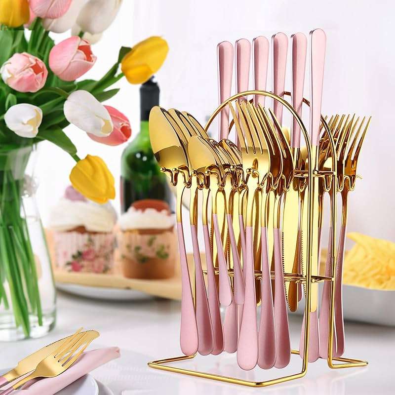24 Pieces Flatware Set, Caliamary Stainless Steel Flatware Set with Silverware Holder Spoons Forks Knives,Utensils Set Service for 6,Gold Mirror Polished and Matte Pink Painted (Pink)… - Image 2