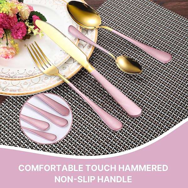 24 Pieces Flatware Set, Caliamary Stainless Steel Flatware Set with Silverware Holder Spoons Forks Knives,Utensils Set Service for 6,Gold Mirror Polished and Matte Pink Painted (Pink)… - Image 4
