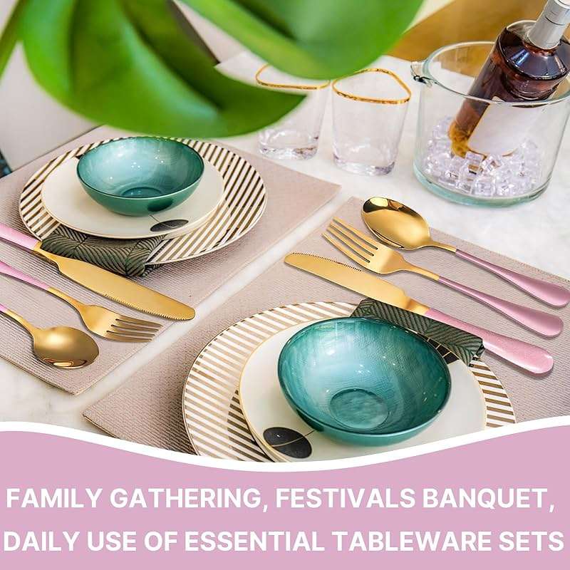 24 Pieces Flatware Set, Caliamary Stainless Steel Flatware Set with Silverware Holder Spoons Forks Knives,Utensils Set Service for 6,Gold Mirror Polished and Matte Pink Painted (Pink)… - Image 5