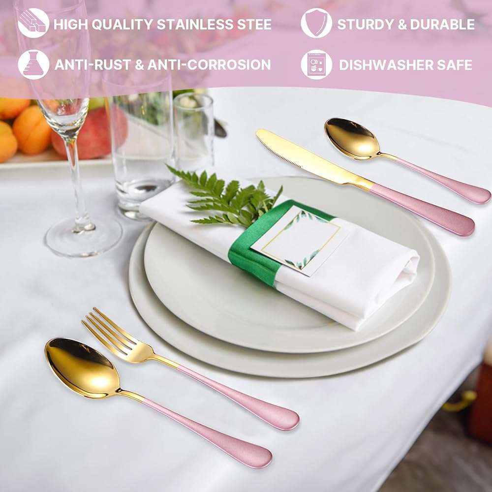 24 Pieces Flatware Set, Caliamary Stainless Steel Flatware Set with Silverware Holder Spoons Forks Knives,Utensils Set Service for 6,Gold Mirror Polished and Matte Pink Painted (Pink)… - Image 6