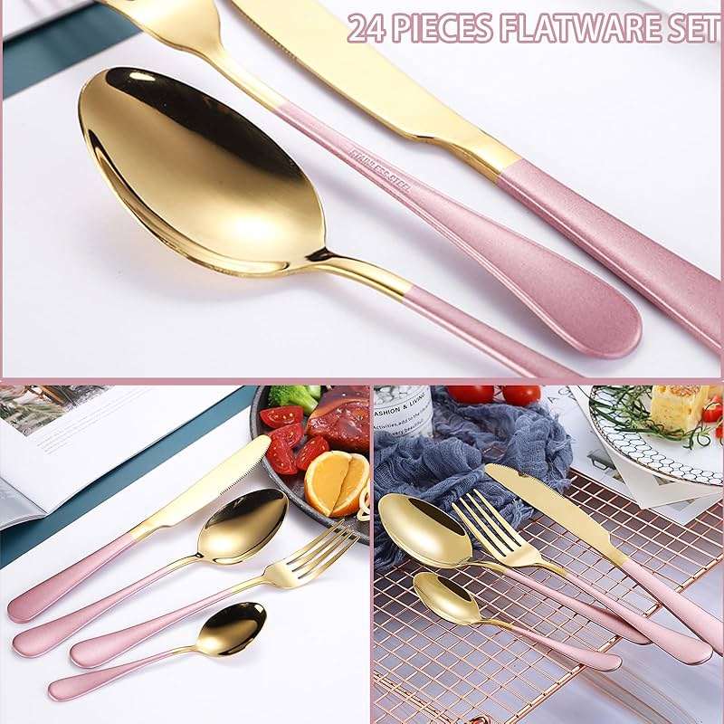 24 Pieces Flatware Set, Caliamary Stainless Steel Flatware Set with Silverware Holder Spoons Forks Knives,Utensils Set Service for 6,Gold Mirror Polished and Matte Pink Painted (Pink)… - Image 8