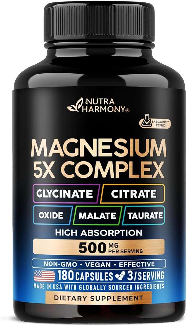 Magnesium Supplement - 5 in 1 Complex | Glycinate | Citrate | Malate | Taurate | Oxide - for Women & Men - Stress, Muscle & Heart Support - Vegan, Natural, Non-GMO - 180 Capsules, 2 Month Supply - Image 1