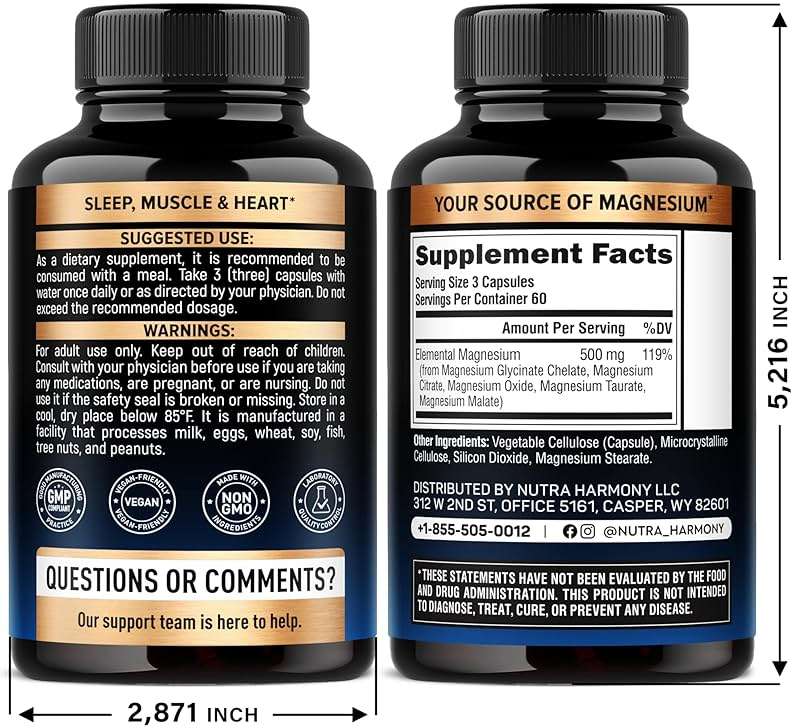 Magnesium Supplement - 5 in 1 Complex | Glycinate | Citrate | Malate | Taurate | Oxide - for Women & Men - Stress, Muscle & Heart Support - Vegan, Natural, Non-GMO - 180 Capsules, 2 Month Supply - Image 3