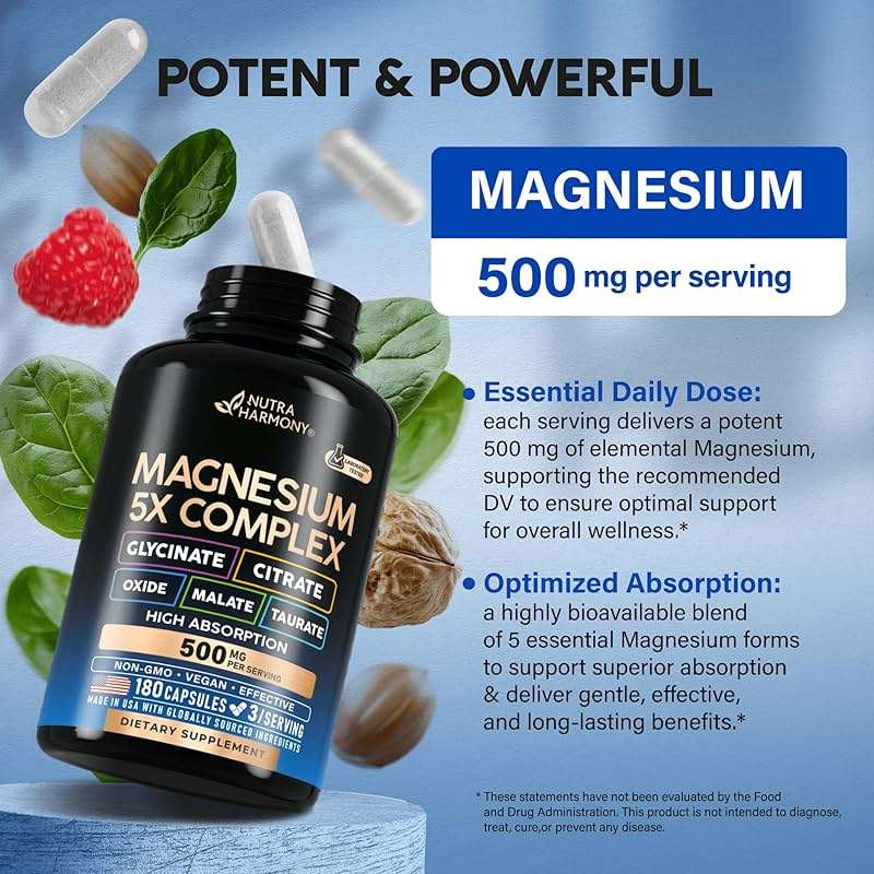 Magnesium Supplement - 5 in 1 Complex | Glycinate | Citrate | Malate | Taurate | Oxide - for Women & Men - Stress, Muscle & Heart Support - Vegan, Natural, Non-GMO - 180 Capsules, 2 Month Supply - Image 5
