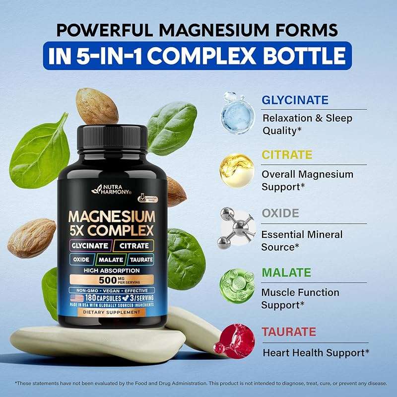 Magnesium Supplement - 5 in 1 Complex | Glycinate | Citrate | Malate | Taurate | Oxide - for Women & Men - Stress, Muscle & Heart Support - Vegan, Natural, Non-GMO - 180 Capsules, 2 Month Supply - Image 6