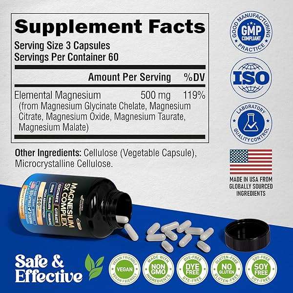 Magnesium Supplement - 5 in 1 Complex | Glycinate | Citrate | Malate | Taurate | Oxide - for Women & Men - Stress, Muscle & Heart Support - Vegan, Natural, Non-GMO - 180 Capsules, 2 Month Supply - Image 8