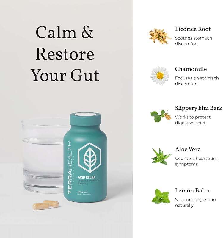 Terra Health Essentials Acid Relief - Daily Digestive Support Supplement for Gut Health & Balanced Digestion - Lemon Balm, Slippery Elm, Aloe Vera, DGL Licorice - Plant-Based & Non-GMO - 60 Capsules - Image 5